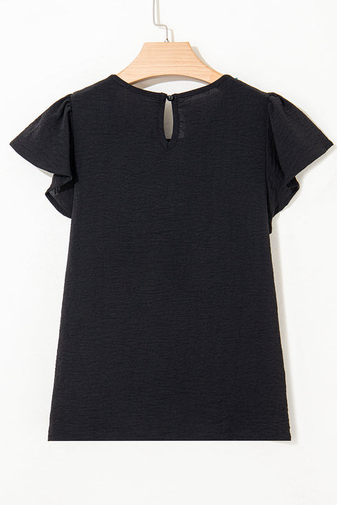 Modern Textured Pleated Flounce Sleeve Round Neck Blouse