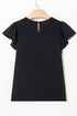 Modern Textured Pleated Flounce Sleeve Round Neck Blouse