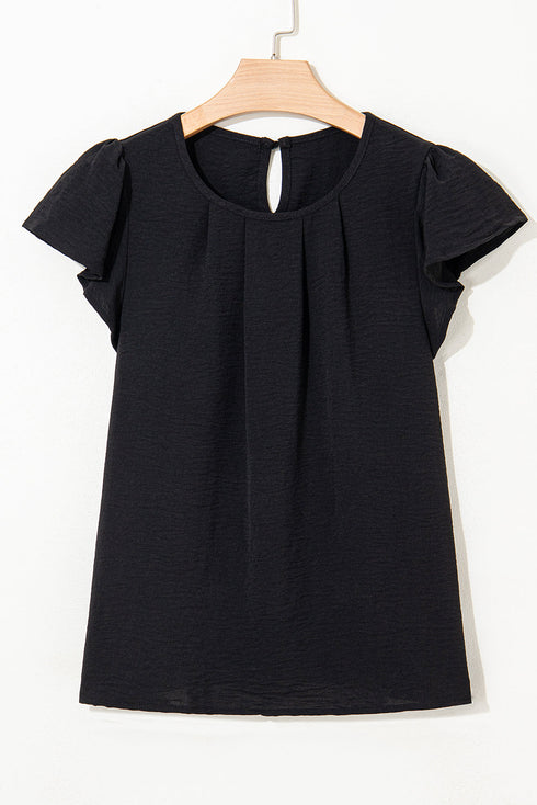 Modern Textured Pleated Flounce Sleeve Round Neck Blouse