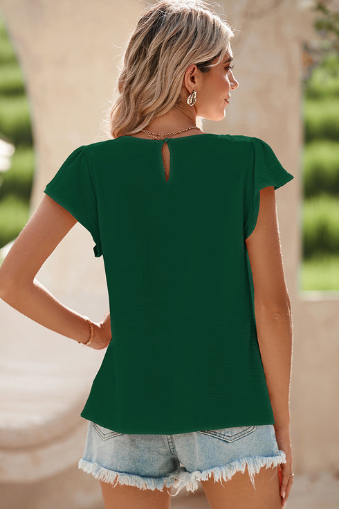 Modern Textured Pleated Flounce Sleeve Round Neck Blouse