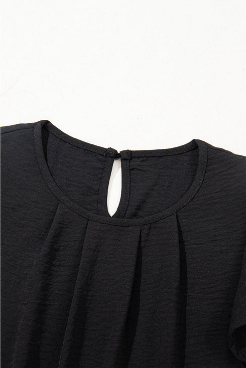 Modern Textured Pleated Flounce Sleeve Round Neck Blouse