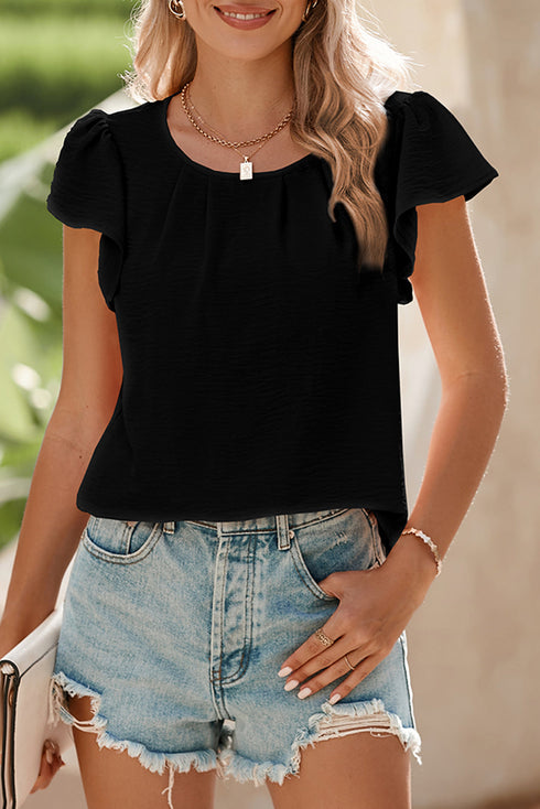 Modern Textured Pleated Flounce Sleeve Round Neck Blouse