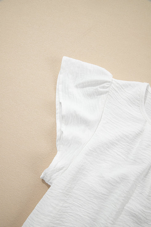 Modern Textured Pleated Flounce Sleeve Round Neck Blouse