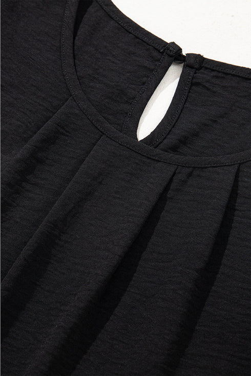 Modern Textured Pleated Flounce Sleeve Round Neck Blouse