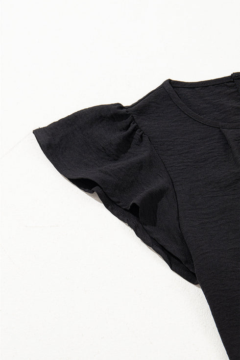 Modern Textured Pleated Flounce Sleeve Round Neck Blouse