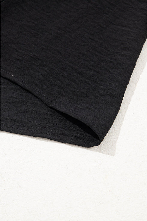 Modern Textured Pleated Flounce Sleeve Round Neck Blouse