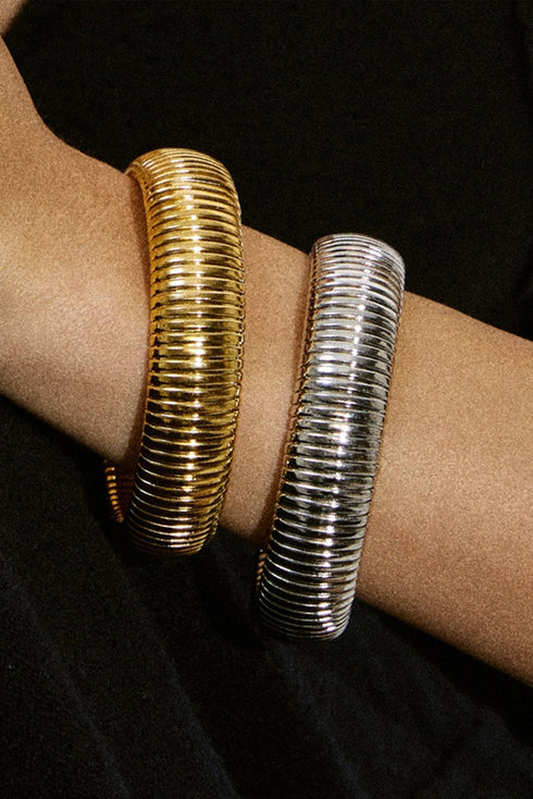 Modern Textured Striped Plated Titanium Steel Chunky Bangle