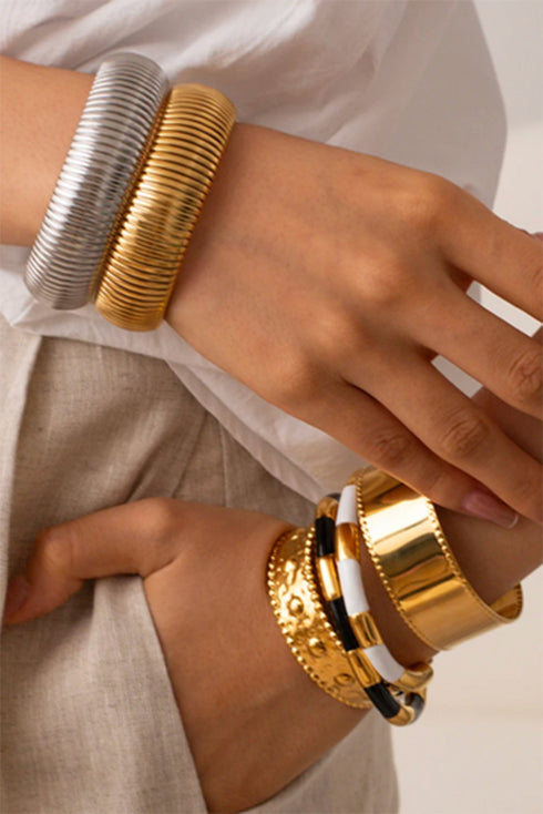 Modern Textured Striped Plated Titanium Steel Chunky Bangle
