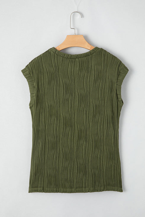Modern Wavy Textured Fabric Cap Sleeve Stretch Top
