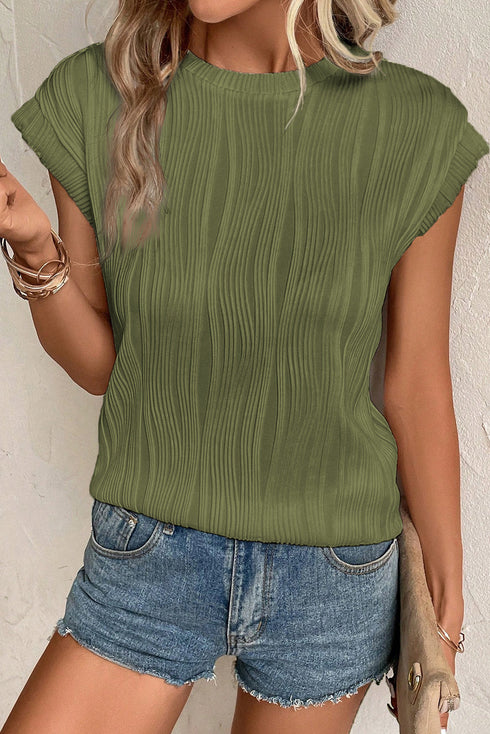 Modern Wavy Textured Fabric Cap Sleeve Stretch Top