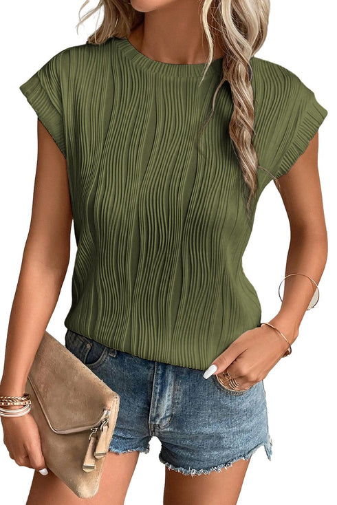 Modern Wavy Textured Fabric Cap Sleeve Stretch Top