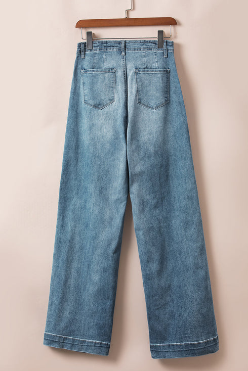 Multi Button Washed Solid Modern Wide Leg Jeans
