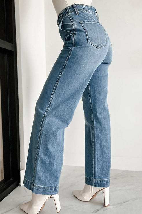 Multi Button Washed Solid Modern Wide Leg Jeans
