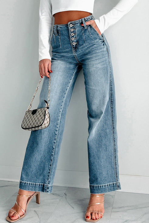 Multi Button Washed Solid Modern Wide Leg Jeans