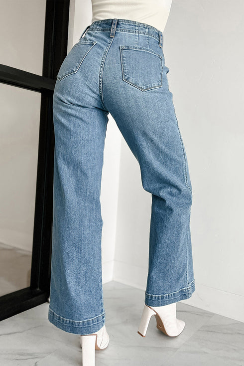 Multi Button Washed Solid Modern Wide Leg Jeans