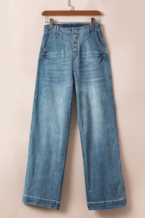 Multi Button Washed Solid Modern Wide Leg Jeans