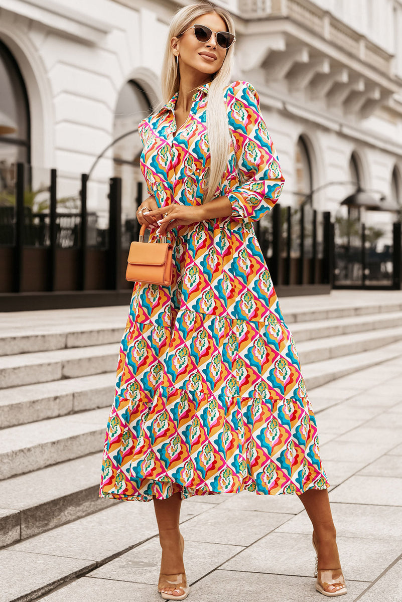 Multi-Color Abstract Geometric Print Long Sleeve High Waist Dress - Sunny  Angela