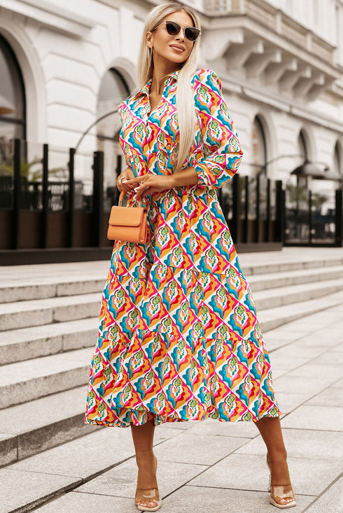 Multi-Color Abstract Geometric Print Long Sleeve High Waist Dress