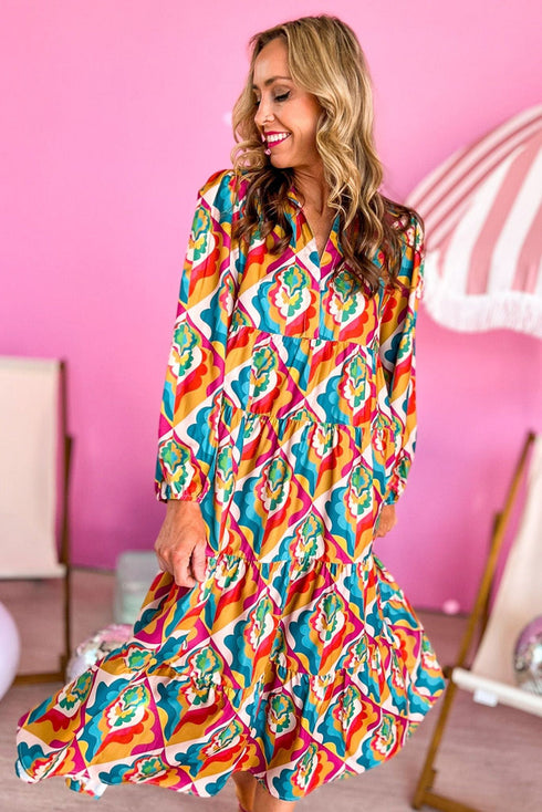 Multi-Color Abstract Geometric Print Long Sleeve High Waist Dress