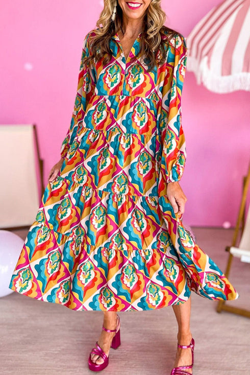 Multi-Color Abstract Geometric Print Long Sleeve High Waist Dress