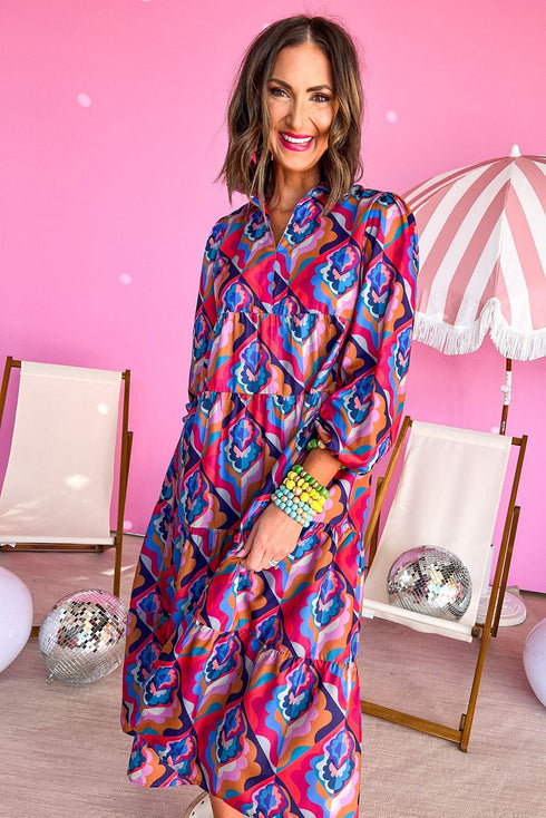 Multi-Color Abstract Geometric Print Long Sleeve High Waist Dress