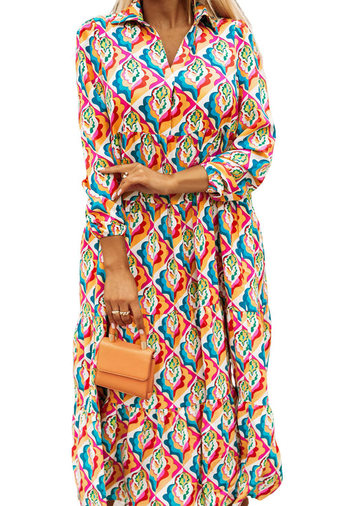 Multi-Color Abstract Geometric Print Long Sleeve High Waist Dress