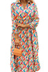 Multi-Color Abstract Geometric Print Long Sleeve High Waist Dress