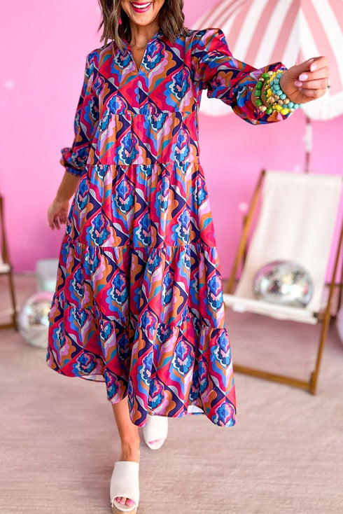 Multi-Color Abstract Geometric Print Long Sleeve High Waist Dress