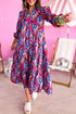 Multi-Color Abstract Geometric Print Long Sleeve High Waist Dress