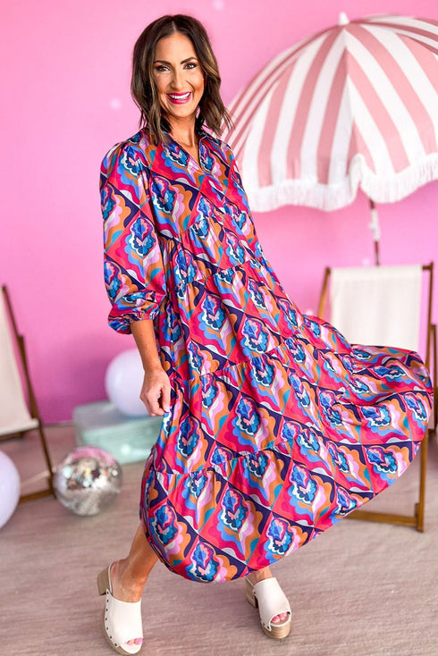 Multi-Color Abstract Geometric Print Long Sleeve High Waist Dress