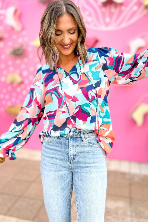 Multi-Color Abstract Print Frill Tie V Neck Long Sleeve Blouse