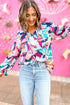 Multi-Color Abstract Print Frill Tie V Neck Long Sleeve Blouse