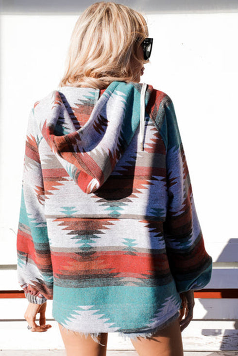 Multi-Color Aztec Print Zipped Split Neck Hoodie