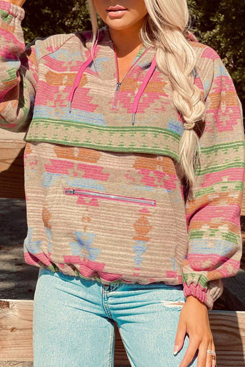 Multi-Color Aztec Printed Kangaroo Pocket Zipped Hoodie