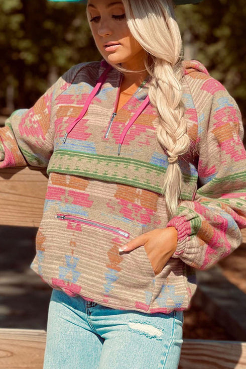 Multi-Color Aztec Printed Kangaroo Pocket Zipped Hoodie