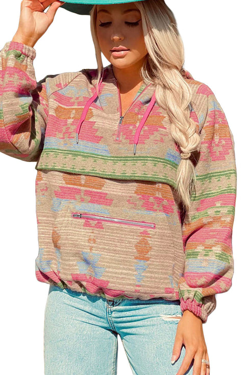 Multi-Color Aztec Printed Kangaroo Pocket Zipped Hoodie