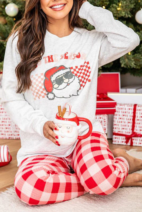 Multi-Color Christmas Claus Graphic Top Plaid Pants Lounge Set