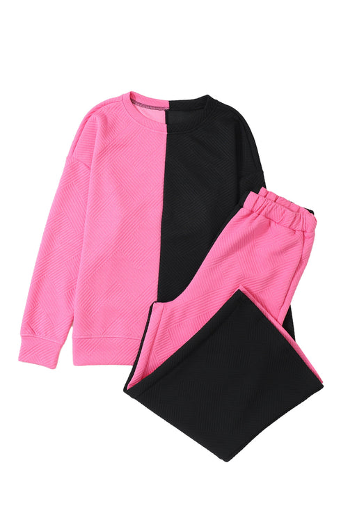 Multi-Color Contrast Color Block Textured Casual 2pcs Outfit