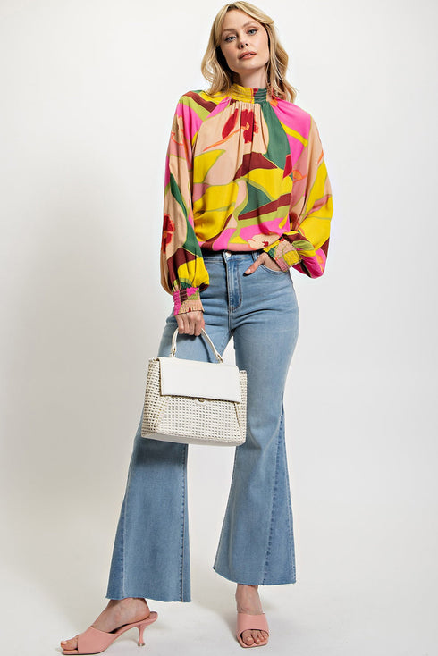 Multi-Color Floral Print Smocked Hem Stand Neck Blouse