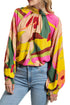 Multi-Color Floral Print Smocked Hem Stand Neck Blouse