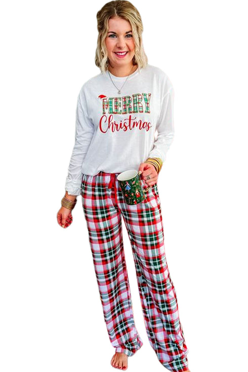 Multi-Color Merry Christmas Plaid Print Two Piece Lounge Set