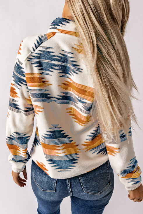 Multi-Color Western Aztec Snap Buttoned Fleece Jacket