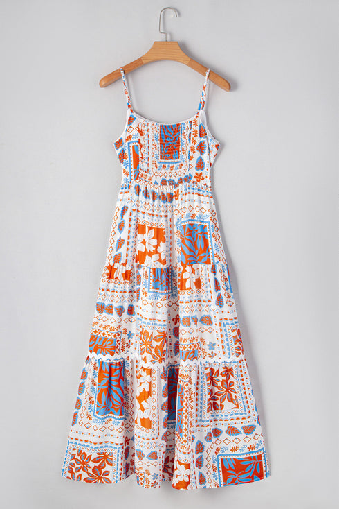 Multi Printed Ricrac Trim Spaghetti Straps Maxi Dress