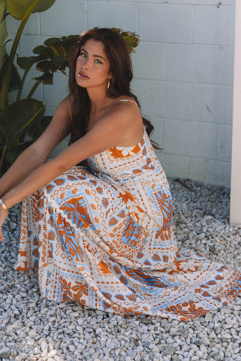 Multi Printed Ricrac Trim Spaghetti Straps Maxi Dress