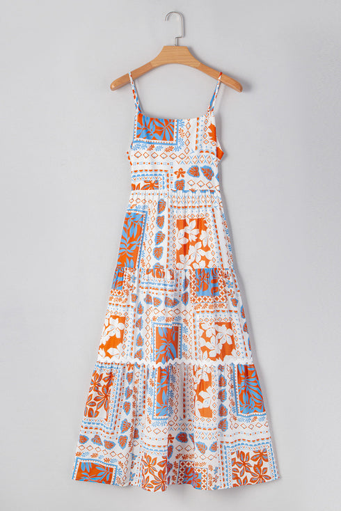 Multi Printed Ricrac Trim Spaghetti Straps Maxi Dress