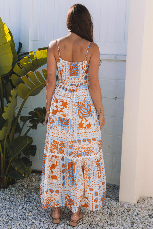 Multi Printed Ricrac Trim Spaghetti Straps Maxi Dress