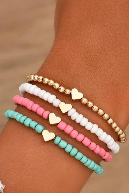 Multi Strand Beaded Heart Charm Bracelet Set