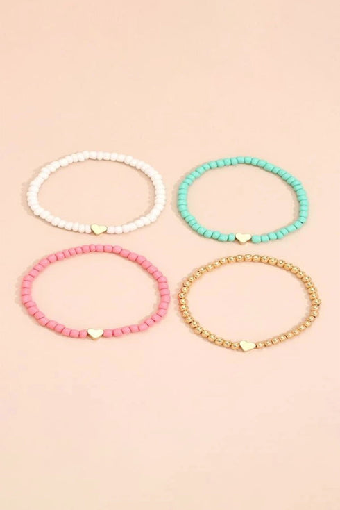 Multi Strand Beaded Heart Charm Bracelet Set