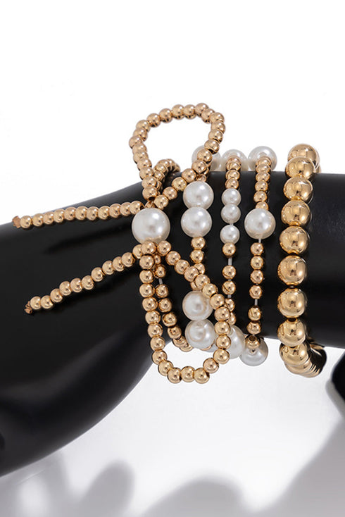 Multi Strand Faux Pearl Beaded Bow Charm Bracelet Set