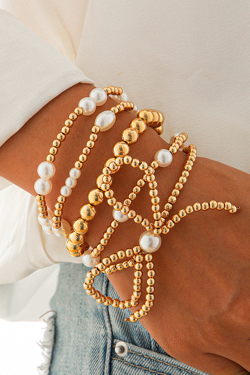 Multi Strand Faux Pearl Beaded Bow Charm Bracelet Set